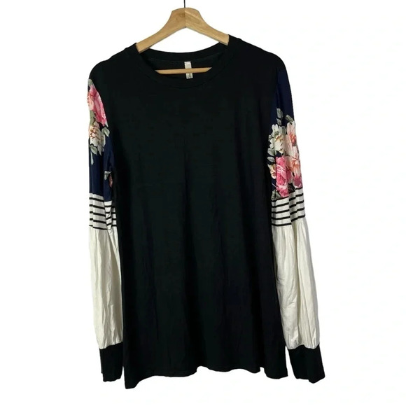 Magic Fit Black Floral Sleeve Colorblock Long Sleeve Top M - Picture 1 of 3